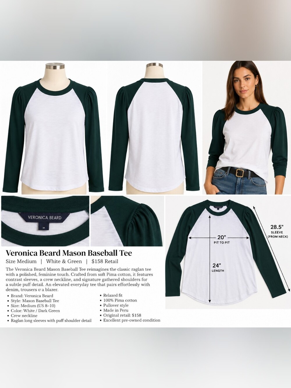 Veronica Beard Mason Baseball Tee – White & Pine – Size Medium
